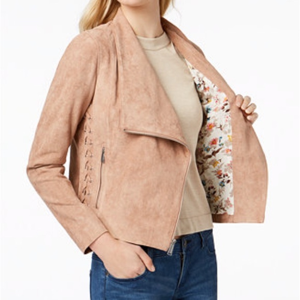 BCBGeneration Women’s Faux Suede Lace Up Moto Jacket Floral Lining S